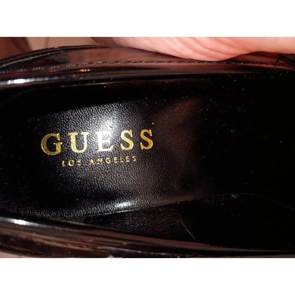 GUESS Women Loafers Size 7.5 Chunk Platform Black Faux Leather Gold Logo Slip On